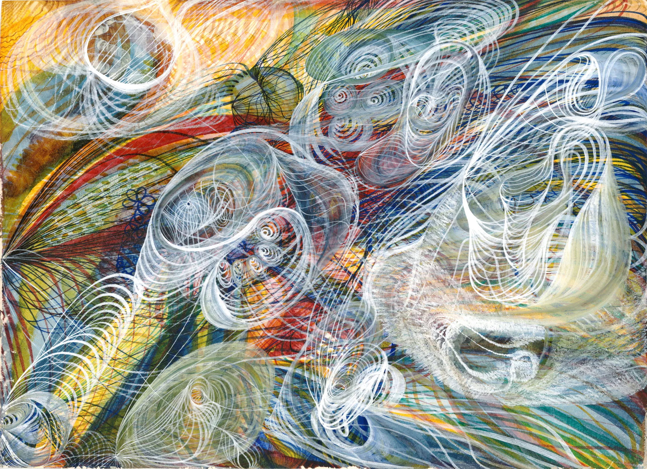 A dense abstract sheet of looping white lines over swirling bands of red, yellow, blue and green, with spiral clusters and a pale circle near the top left.