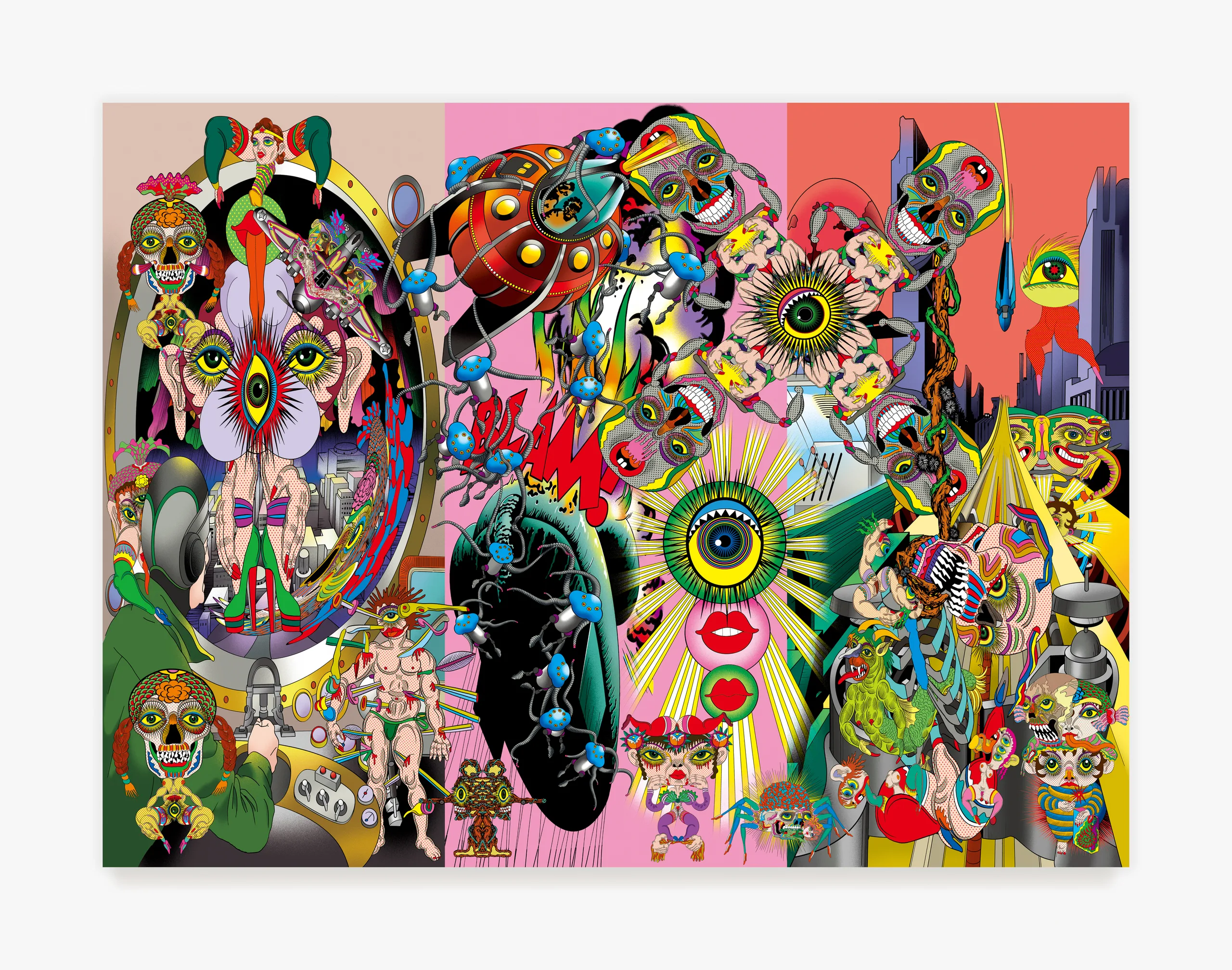 A three-panel canvas in pink, beige and coral crowded with eyeball-faced skulls, a red flying saucer, a robot-tentacled orb and a green-hooded figure before a city.