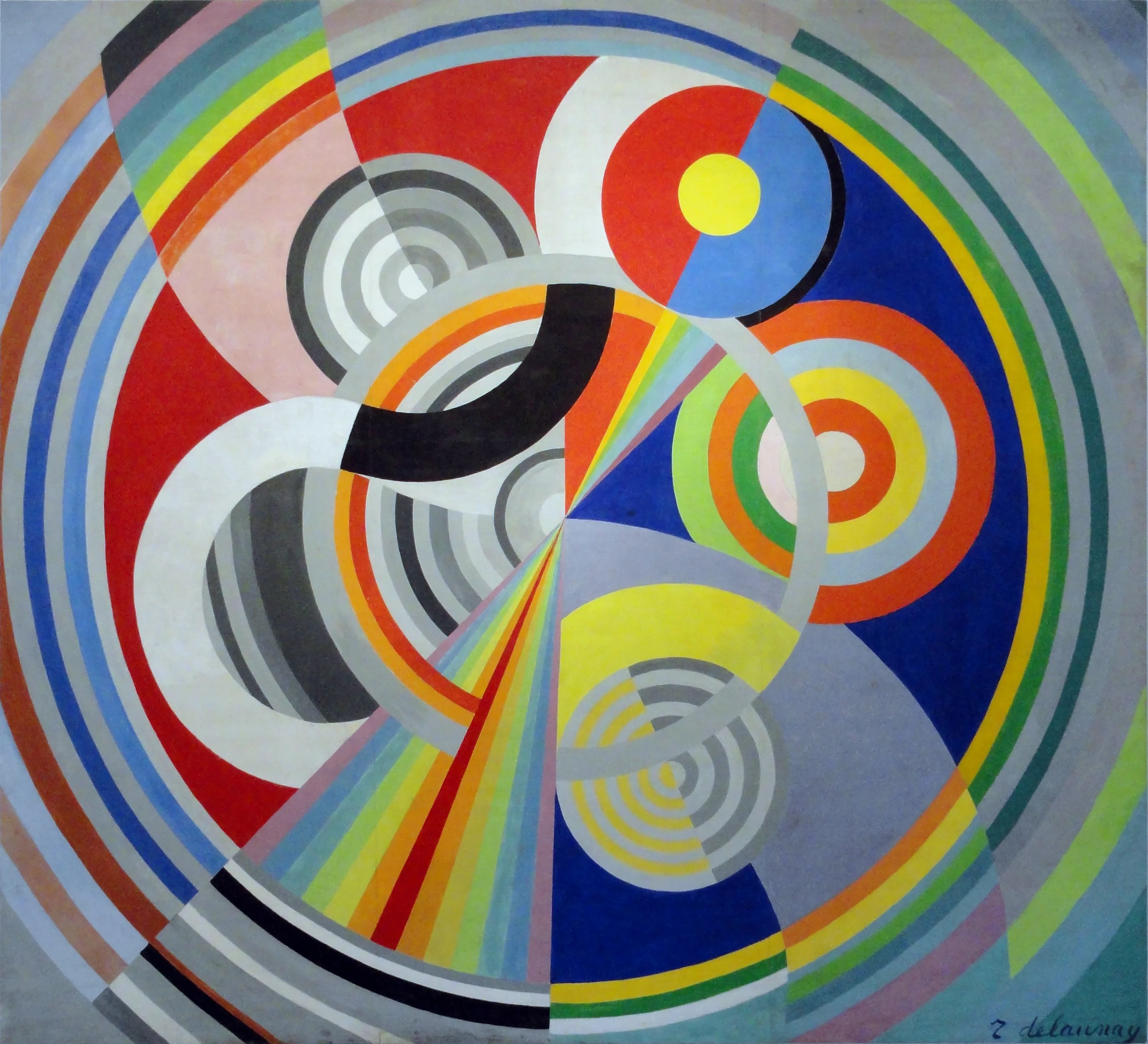 A huge near-square panel of overlapping concentric discs and arcs in red, blue, yellow, green, grey and black, with a rainbow fan converging at the centre.