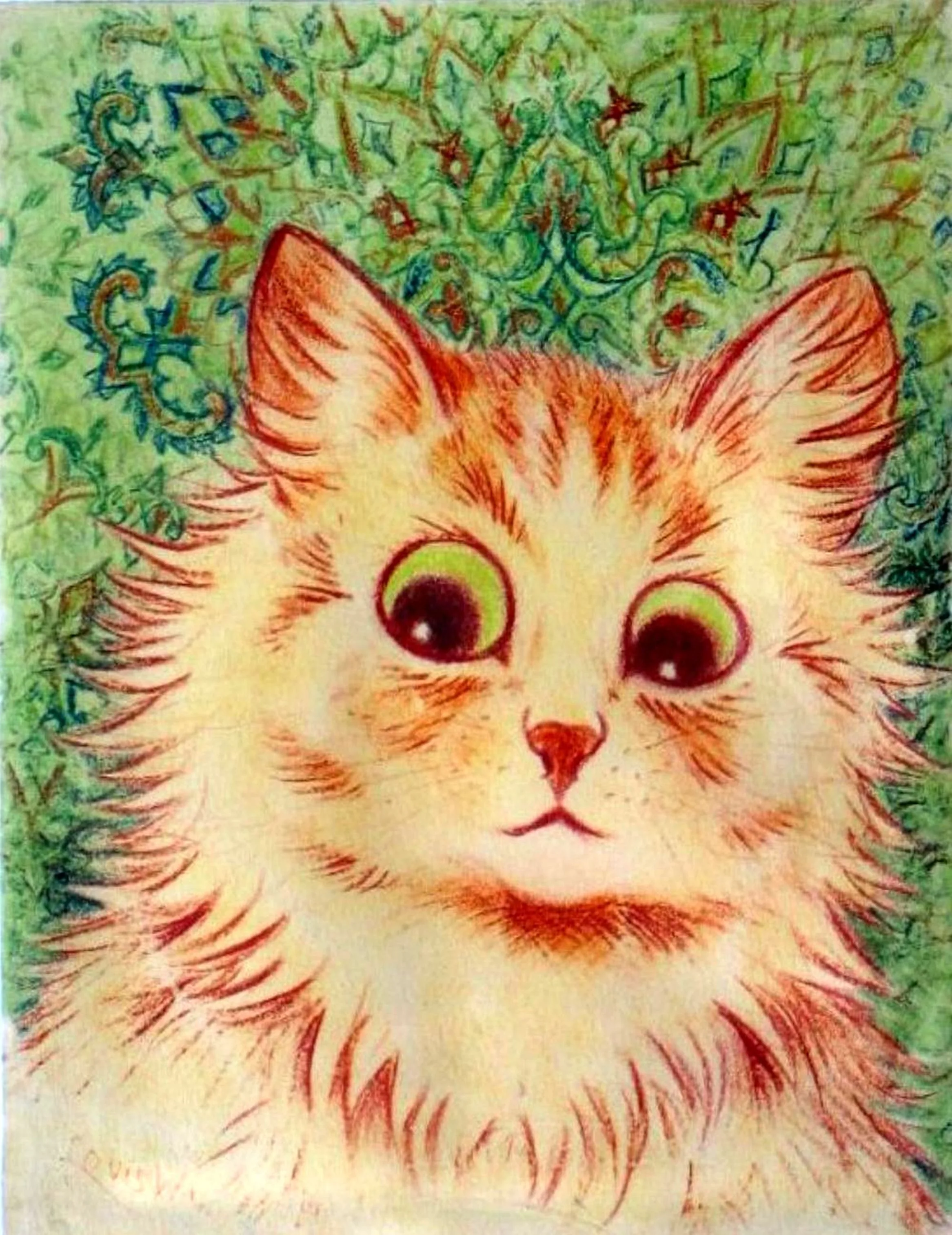 A ginger-and-cream cat with green eyes stares forward against a green ground filled with small blue and orange star and scroll patterns.