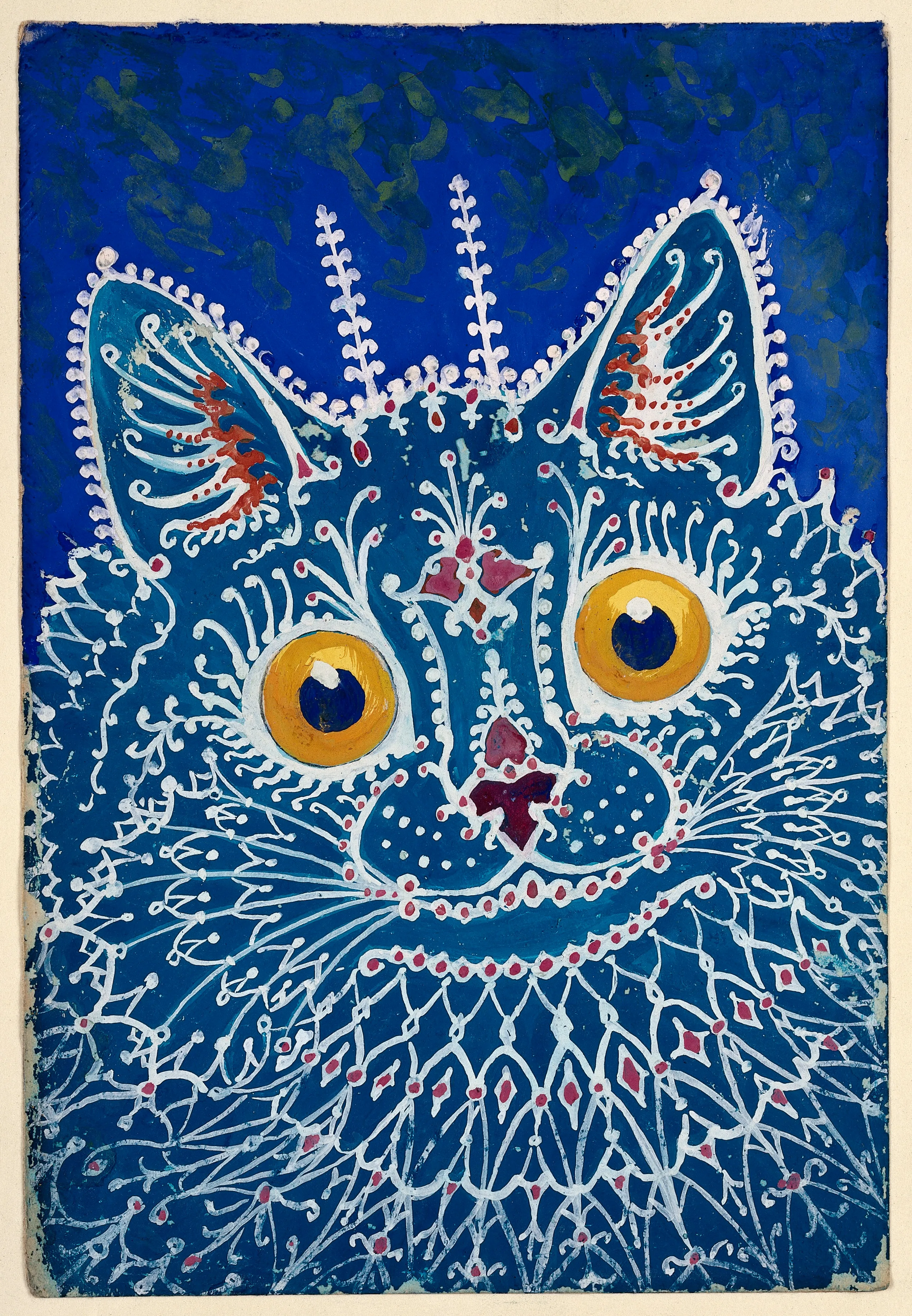 A turquoise cat with wide yellow eyes stares out from a deep blue ground, its fur drawn as white lace-like tracery with small red and pink accents.